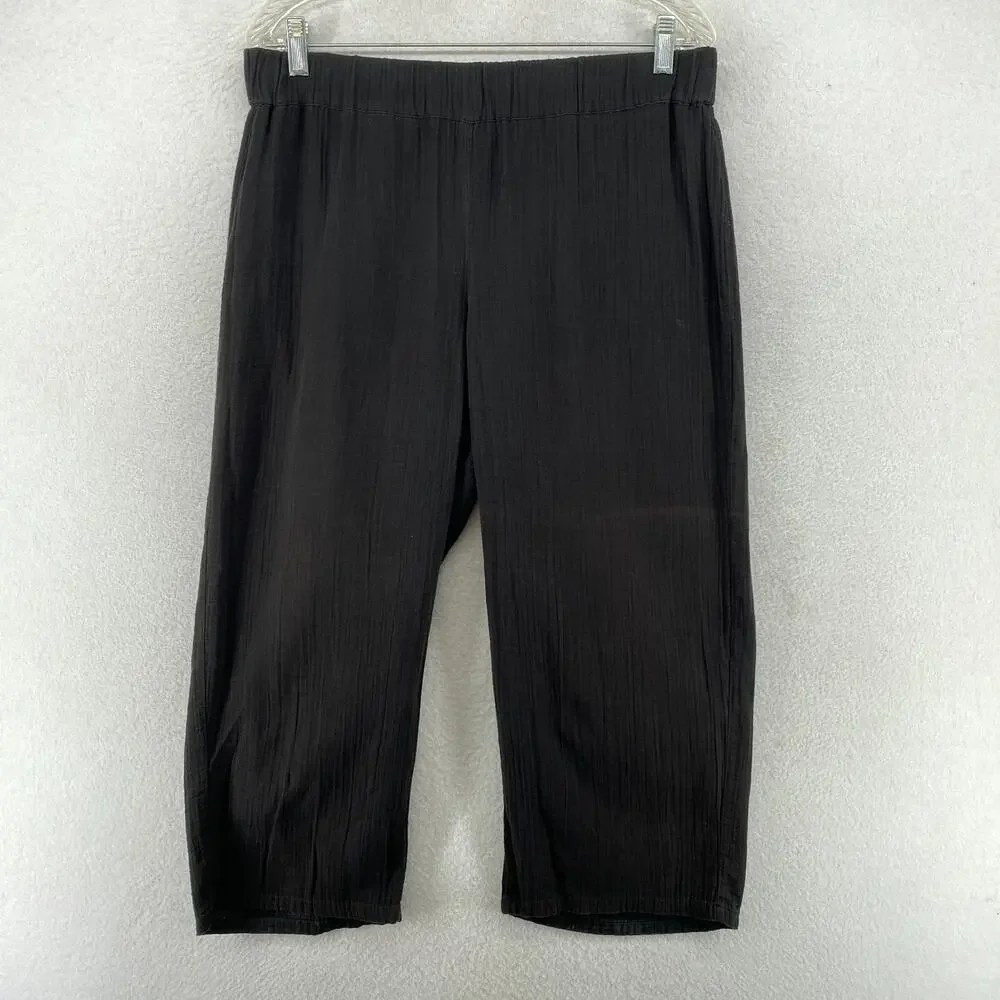 EILEEN FISHER Pants S Organic Cotton Crinkle Gauze Straight Pull On Black
